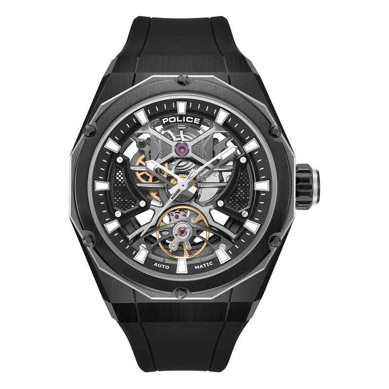 代购POLICE男士腕表自动上链夜光指针日期显示防水黑色镂空