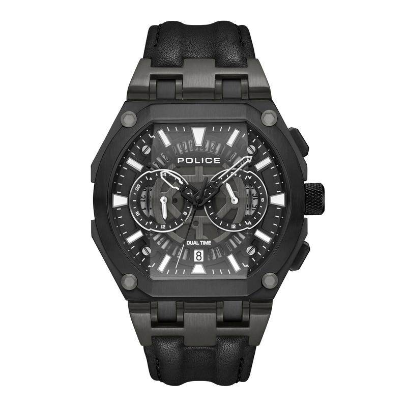 代购POLICE男士腕表双时区夜光计时日期黑色皮带防水钢带商务