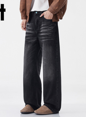 it:CHOCOOLATE美式复古黑色牛仔裤男款秋冬款立体猫须微阔腿长裤