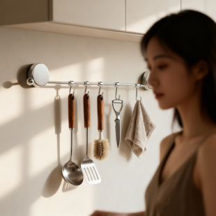 不锈钢吸盘联排挂钩置物架2025新款厨房用品收纳锅铲勺子整理挂架