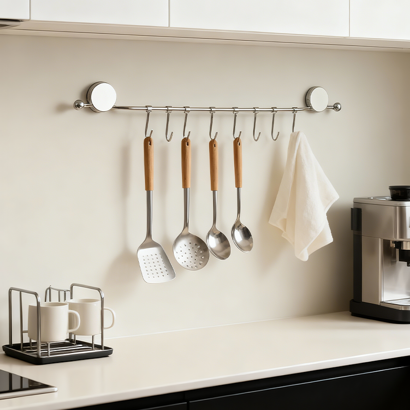 吸盘不锈钢挂钩厨房真空壁挂免打孔勺子锅铲子多功能一排收纳挂杆