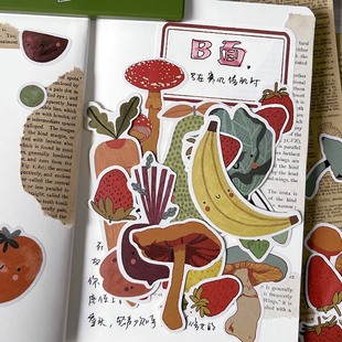 复古风蘑菇水果AB面手帐贴纸包 可爱植物蔬菜拼贴装饰大片背景图