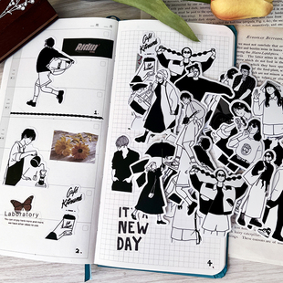 饰画 ins简洁风人物男孩手机装 黑白盐系女孩手账本贴纸素材 套装