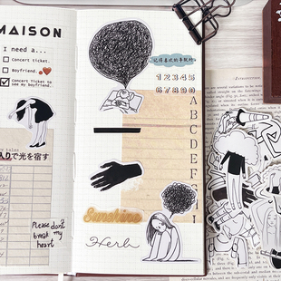 饰 文艺人物黑白ins简洁风日记笔记本装 丧丧 女孩手账贴纸素材包