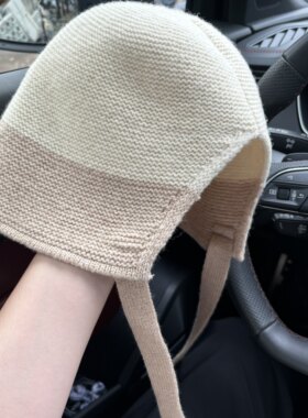 拼色护耳系带针织渔夫帽女秋冬韩系包头帽撞色显脸小保暖百搭盆帽