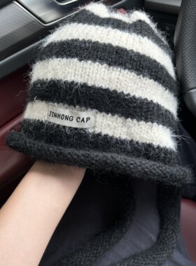 韩系百搭慵懒风撞色条纹针织帽秋冬女加厚防寒翻边布标铭牌包头帽