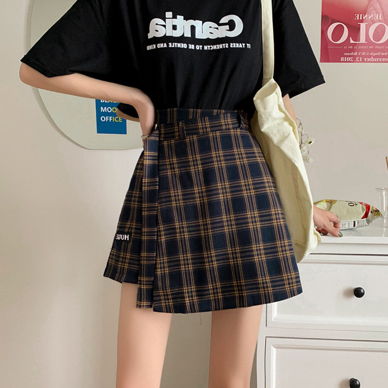 2023夏季格子假两件短裙女夏胖妹妹大码设计感小众半身裙港味复古