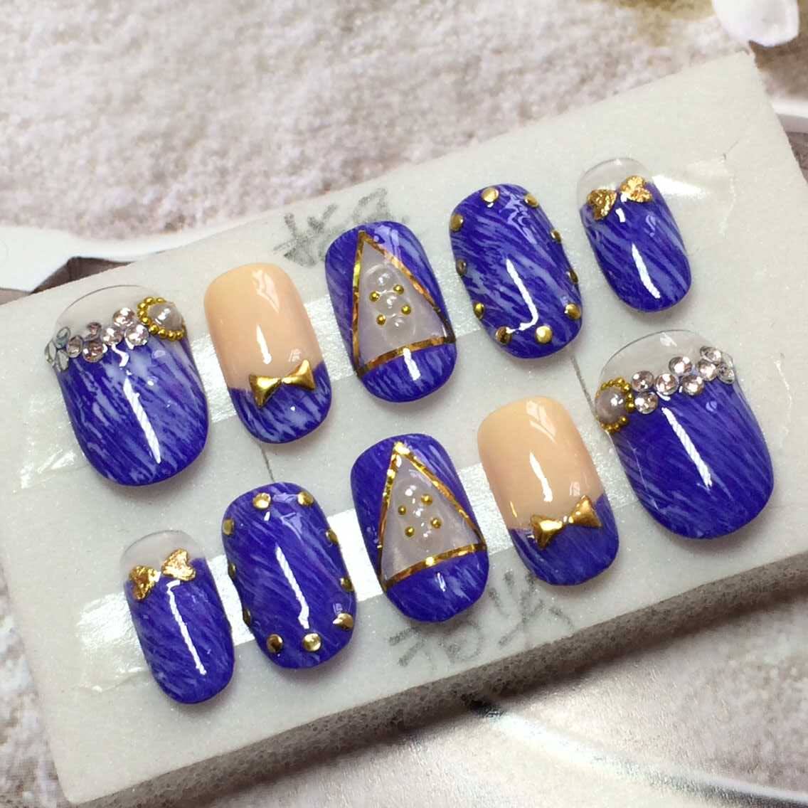 手工定制牛仔光疗甲蓝色大理石纹美甲成品贴片金线蝴蝶结假指甲片