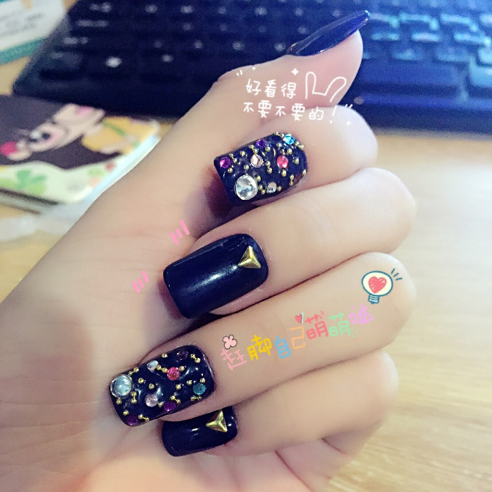 包邮手工定做光疗假指甲片成品贴片新款蓝色奢华钻搭配长短款自定