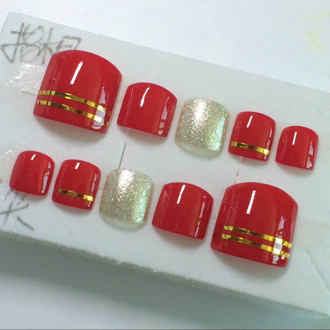 现做脚趾甲手工光疗甲定做甲片酒红色美甲成品银粉假指甲贴片金线