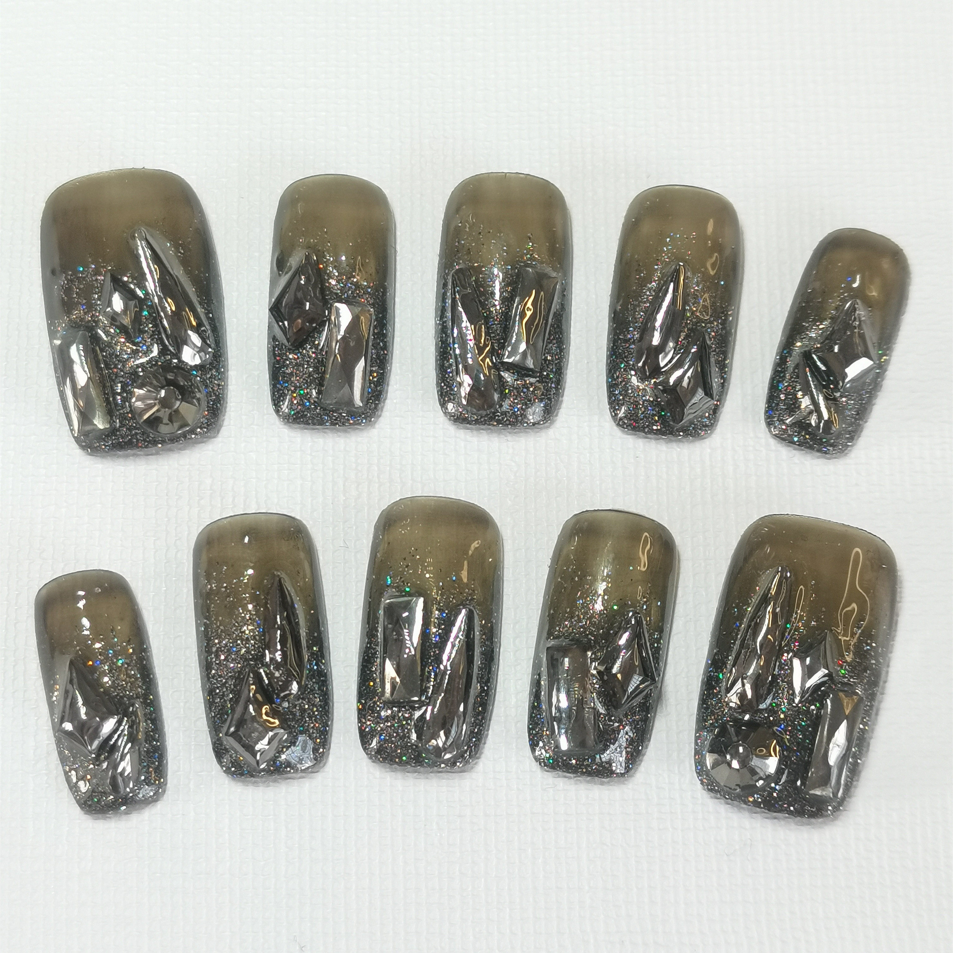 美甲师手工现做矿黑钻渐变美甲成品黑色假指甲贴片长度形状可定做
