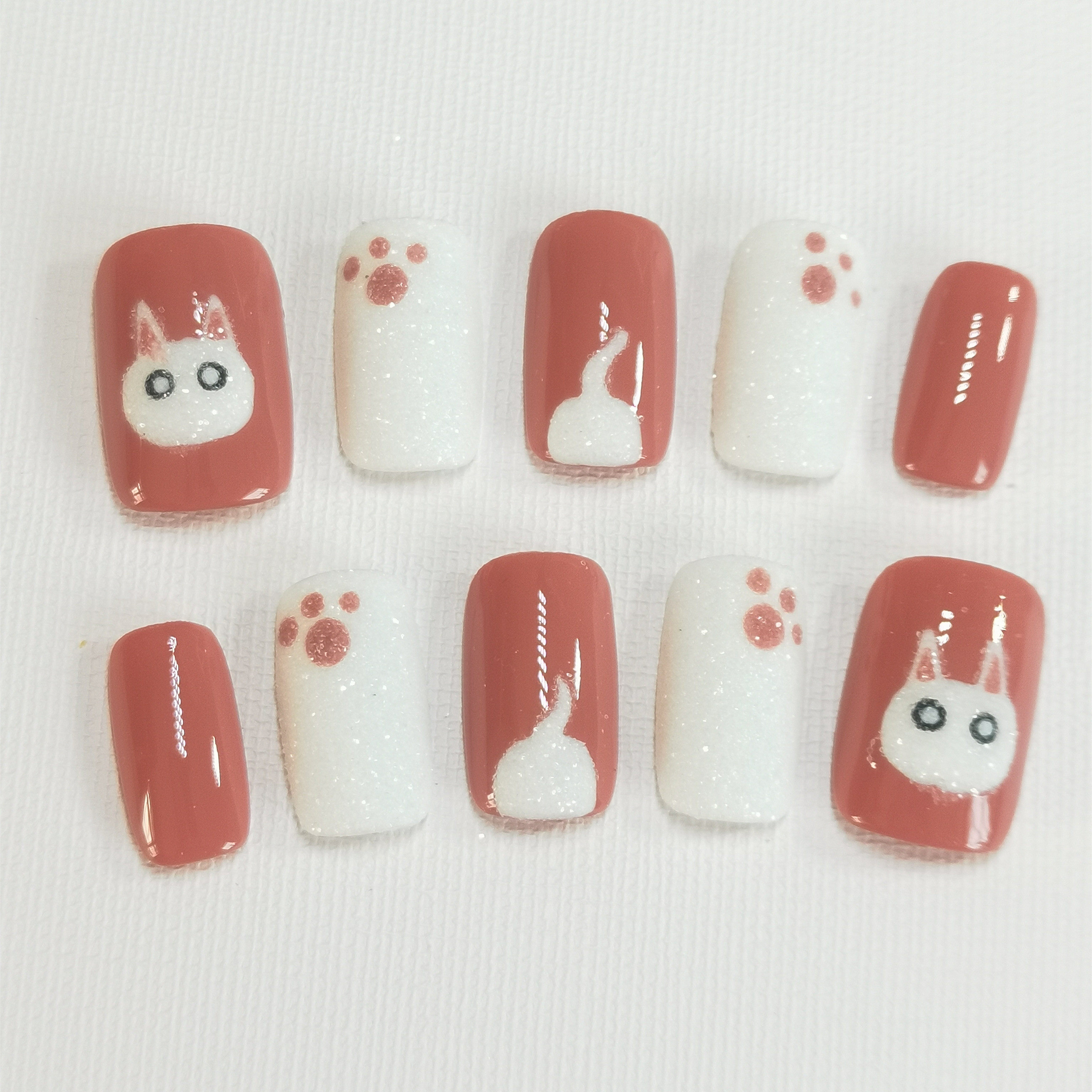 纯手工穿戴甲秋冬毛绒猫咪猫爪可爱少女心学生显白甲片毛呢粉美甲