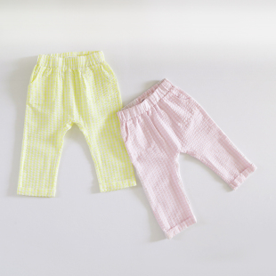 休闲裤 以国淳源女童大pp裤 女宝宝夏季 夏装 洋气泡泡纱毛边格子长裤