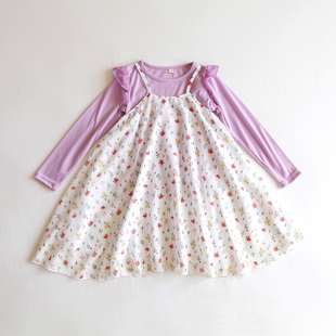 日单长袖T恤吊带连衣裙春夏套装女孩子碎花雪纺大摆裙上衣 分开拍