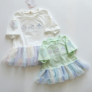 娃娃衫 日单女儿童夏纯棉短袖 T恤烫金薄纱拼接绣花上衣女孩子裙式