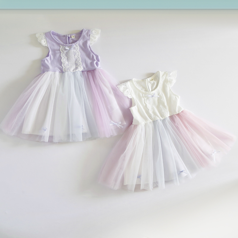 日单女童飞袖连衣裙洋气花瓣纱裙夏装女宝宝公主裙儿童夏季薄裙子