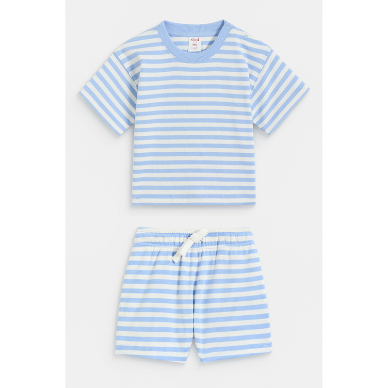 澳男女童罗纹棉条纹短袖T恤短裤