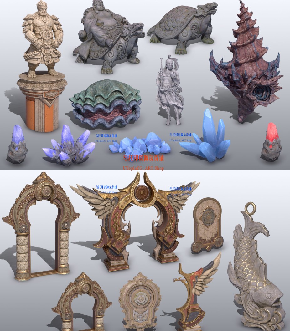 3dMax中式古风仙侠游戏场景 雕塑门雕像石碑矿石3d模型素材合集