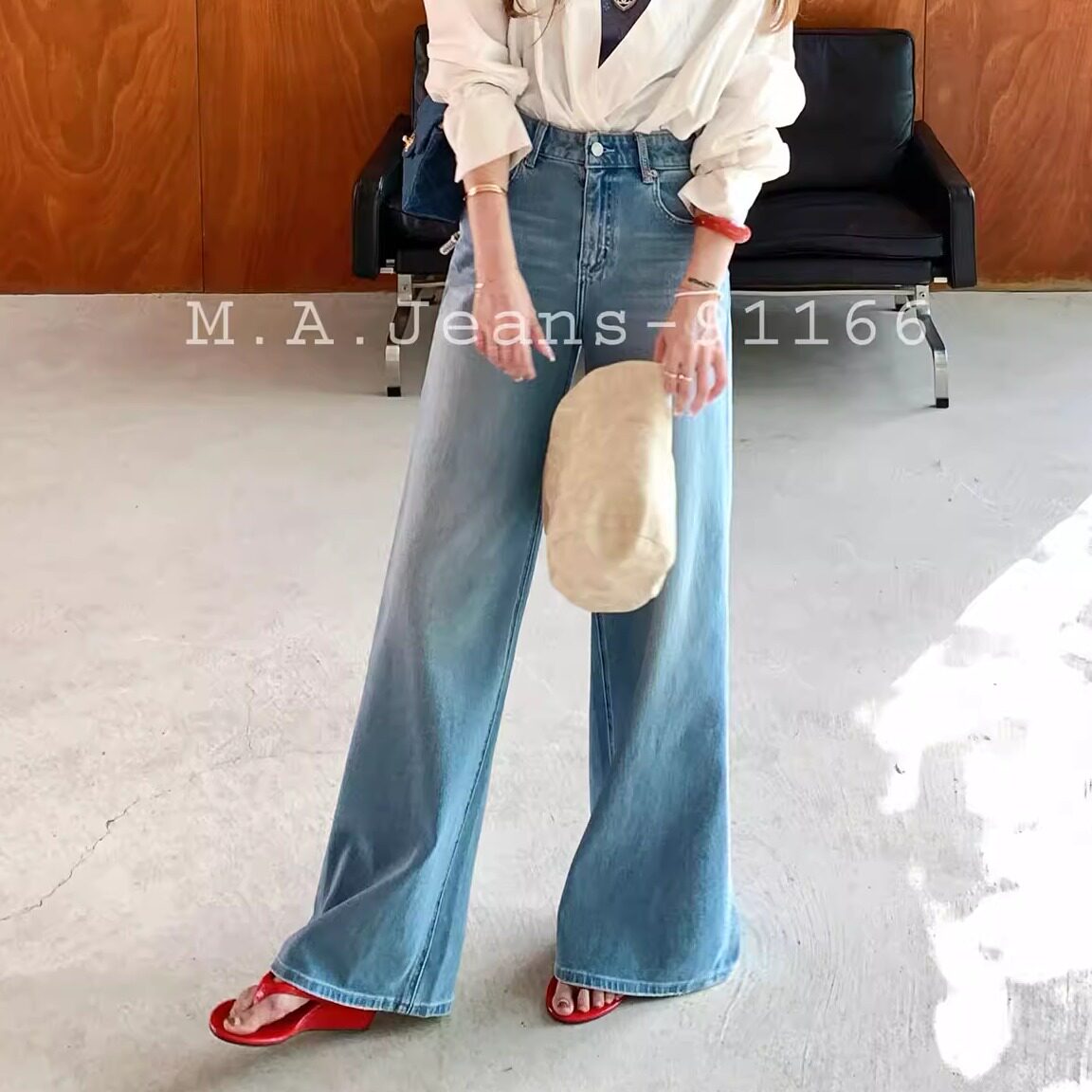 MA牛仔裤女2026春款91166高腰浅蓝色四面弹休闲宽松显瘦阔腿裤