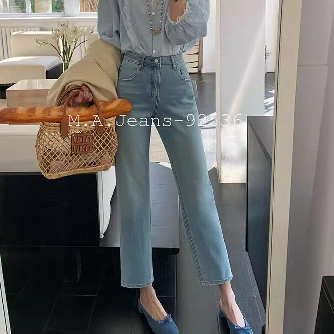 MA牛仔裤女92536春款浅蓝色修身九分直筒裤四面弹小个子烟管裤