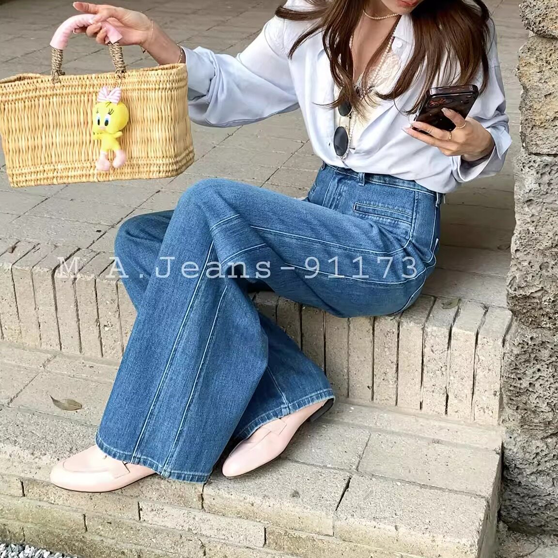 MA牛仔裤女2026春款91173四面弹高腰水洗蓝色宽松休闲显瘦阔腿裤