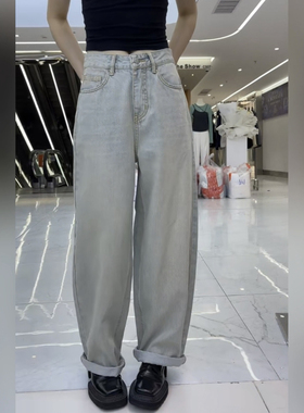 花匣子弯刀裤501171灰绿色高腰阔腿宽松显瘦复古老爹裤休闲垮裤女