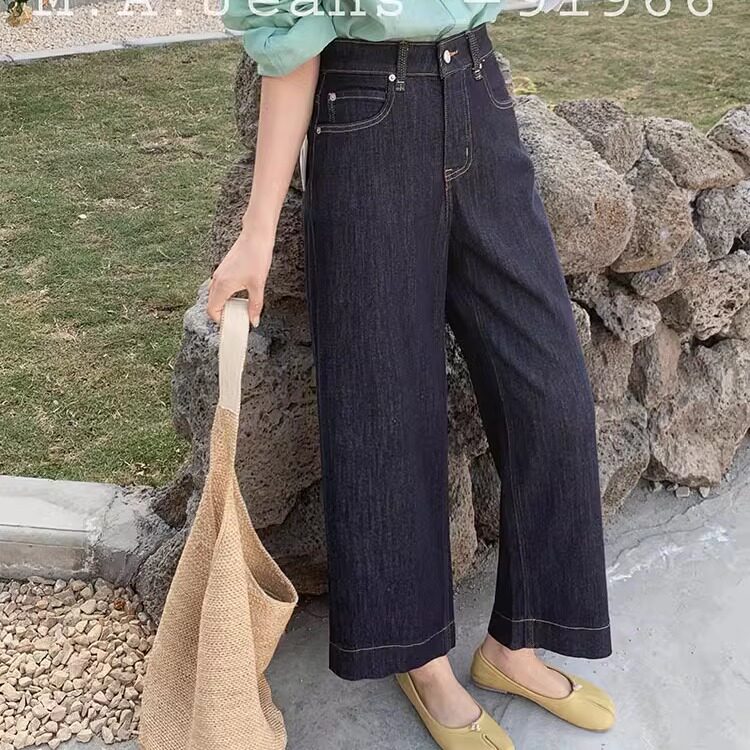 MA牛仔裤女91966四面弹显瘦高腰阔腿裤2026春款普洗蓝九分奶奶裤