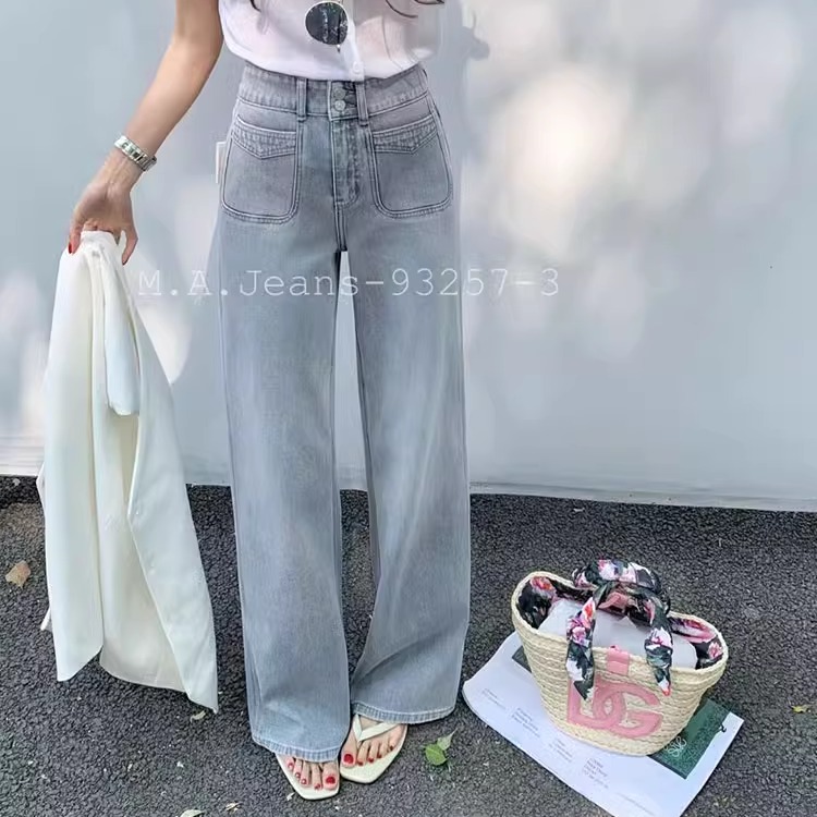 MA牛仔裤2025春夏款93257-3四面弹高腰显瘦灰色窄版阔腿裤拖地裤