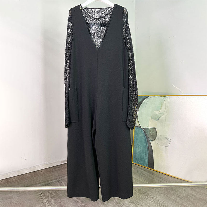 MACQNF春季新款69016时尚大码九分针织背带阔腿裤MQ黑色连体裤女