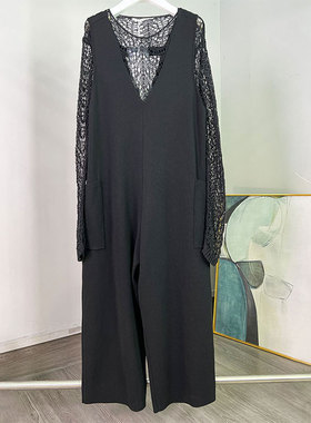 MACQNF春季新款69016时尚大码九分针织背带阔腿裤MQ黑色连体裤女