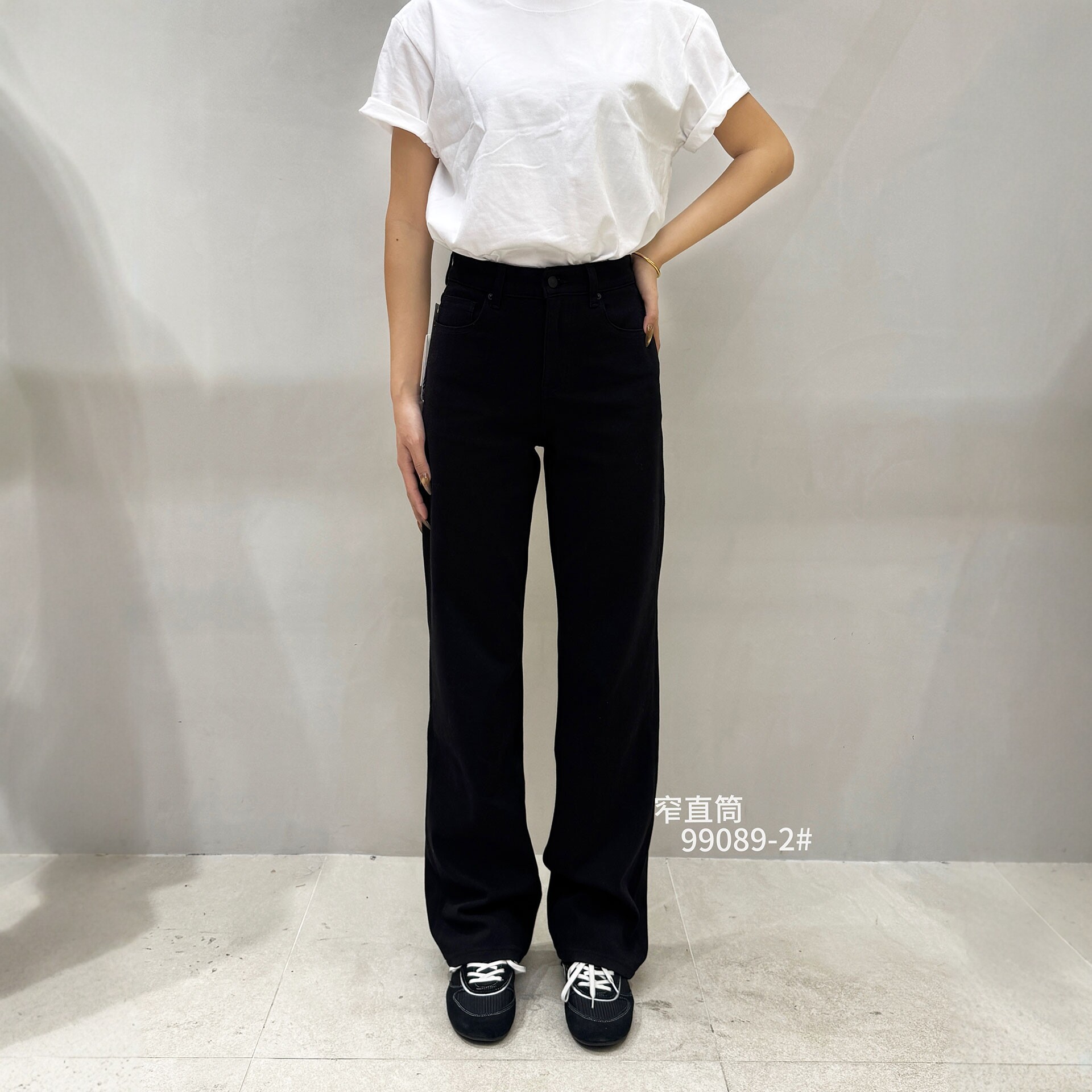 MA牛仔裤女99089-2春款美式风黑色高腰四面弹时尚潮流显瘦直筒裤