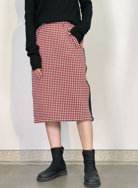 MACQNF新款78222宽松半身A字中裙MQ时尚简约拉链复古红色格子裙