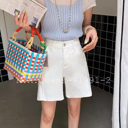 MA牛仔裤女2026夏季新款91991-2松紧腰宽松白色阔腿短裤薄款