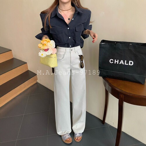 MA牛仔裤女2025新款97189高腰显瘦四面弹直筒裤银灰色阔腿裤长裤