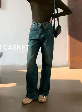 flower花匣子牛仔裤501005冬款加绒高腰显瘦复古蓝宽松窄版直筒裤