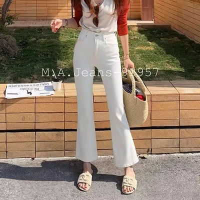 MA牛仔裤女91957四面弹九分微喇白色修身显瘦小个子大码女2025