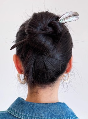 DURIAN ACC原创设计 天使之羽母贝羽毛装饰母贝鸟一字黑檀木发簪