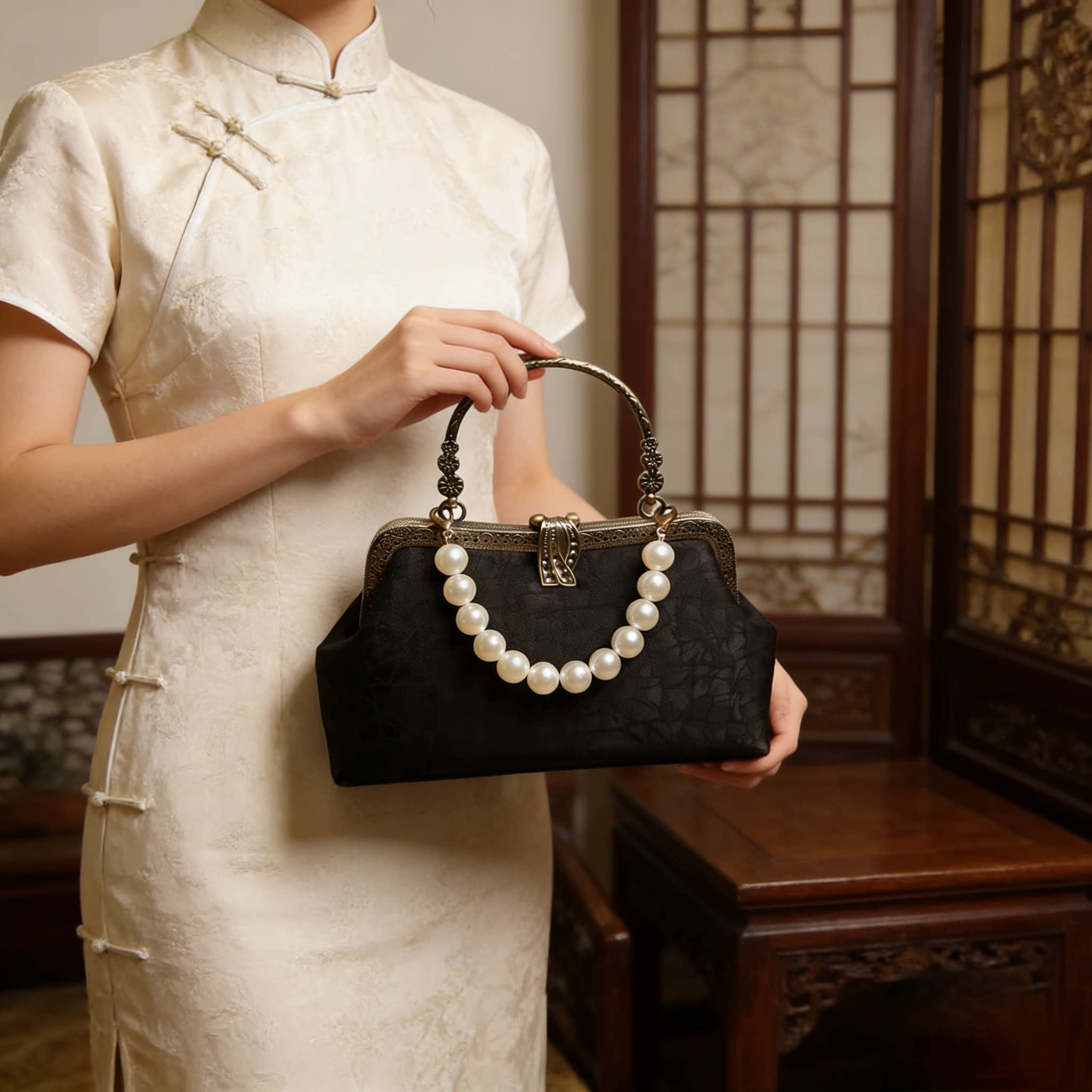 复古中风手提包女搭配穿旗袍的包中式民国风小包包丝绸晚宴礼服包