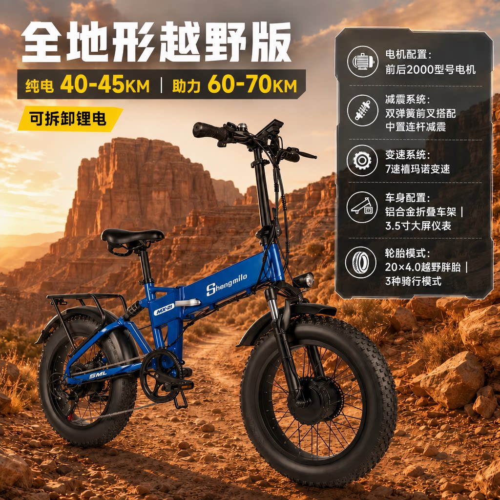 可折叠电助力山地车 锂电池成人越野通勤变速电动自行车