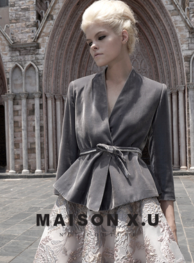 法式传统 MAISON X.U｜灰蓝色真丝丝绒人造钻腰带修身小外套秋冬