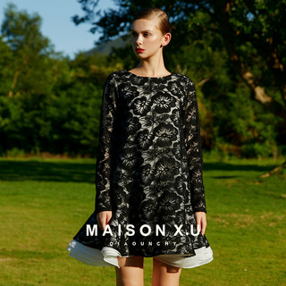 人间富贵花 MAISON X.U｜高定设计师品牌黑色蕾丝宽松小A摆连衣裙