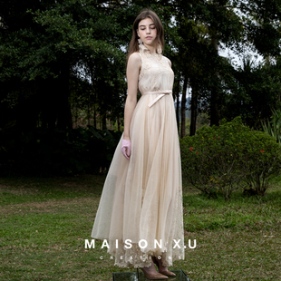 欧洲进口金枝纹高级提花 立裁大摆礼服裙 MAISON X.U｜杏色法式