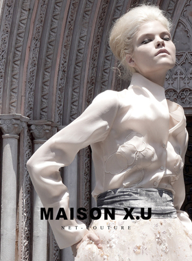 锦上添花 MAISON X.U｜法式花朵手缝绣裸色真丝修身小立领衬衣女