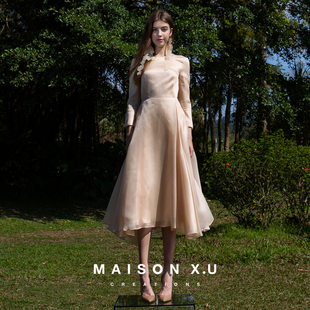 优雅真丝缎连衣裙 X.U｜高定设计师品牌法式 象牙女神 MAISON