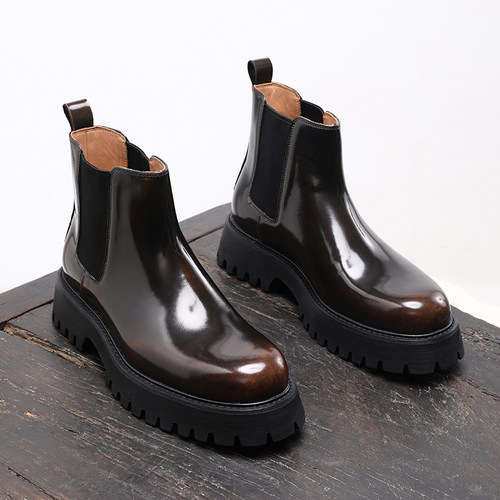 男士切尔西靴厚底增高亮皮烟筒靴