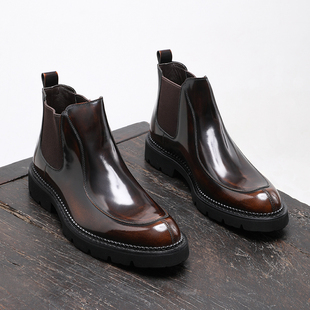 英伦风切尔西靴男真皮商务休闲短靴厚底高帮皮鞋 亮皮马丁男靴加绒