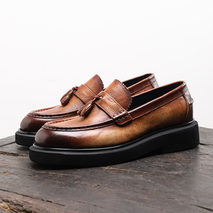 真皮圆头商务男鞋 一脚蹬流苏休闲皮鞋 男夏季 英伦风厚底增高乐福鞋