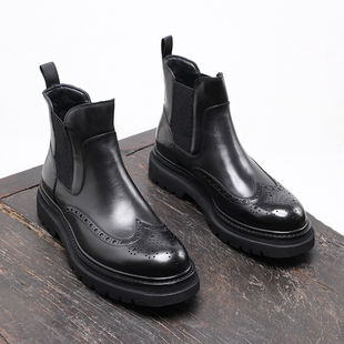 切尔西靴布洛克烟筒厚底增高商务休闲真皮加绒短靴 复古胎牛皮男士