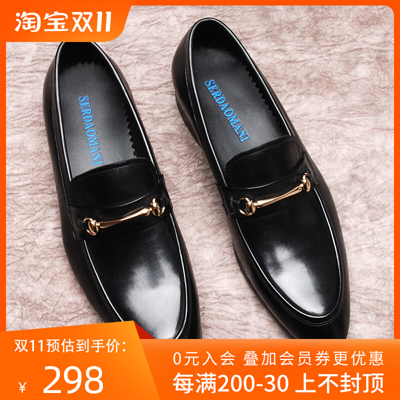 欧美马衔扣乐福鞋男士英伦休闲皮鞋一脚蹬商务正装真皮尖头潮鞋子