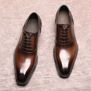 男新郎婚鞋 复古方头绅士西装 手工英伦真皮牛津鞋 棕色商务正装 皮鞋